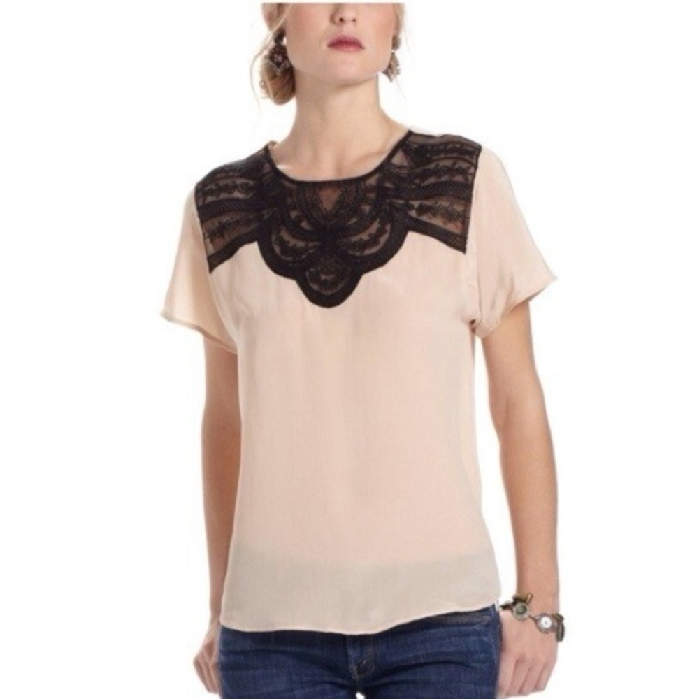 Lil by Anthropologie 100% Silk Elegant Lace Accent Blouse